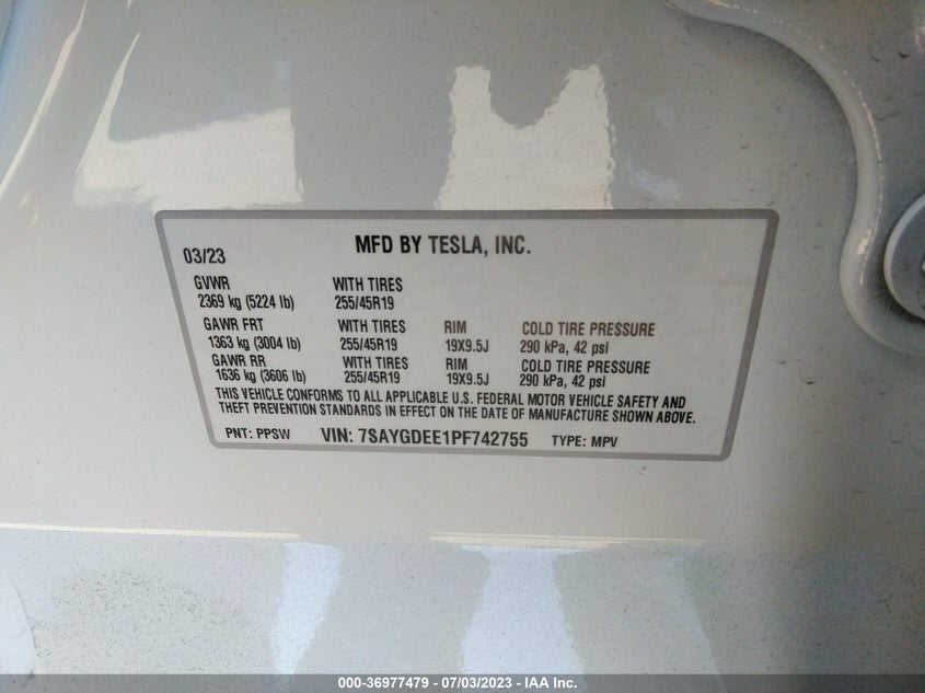 VIN 7SAYGDEE1PF742755 2023 TESLA MODEL Y LONG RANGE
