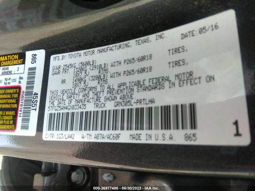 2016 TOYOTA TACOMA LIMITED - 5TFGZ5AN4GX033435