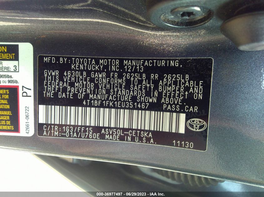 2014 TOYOTA CAMRY L/LE/XLE/SE/SE SPORT - 4T1BF1FK1EU351467