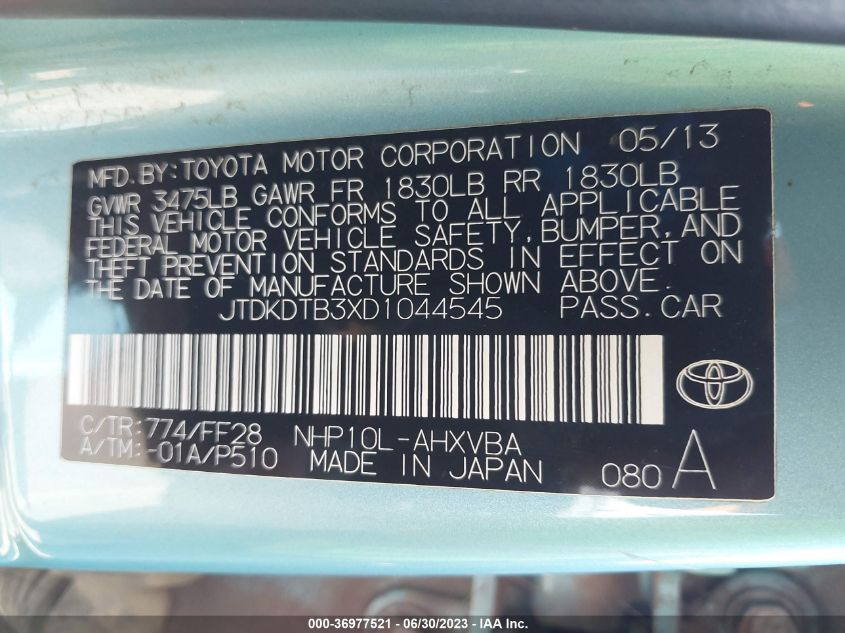 2013 TOYOTA PRIUS C ONE/TWO/THREE/FOUR - JTDKDTB3XD1044545