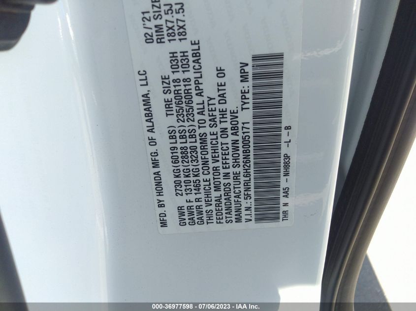 2022 HONDA ODYSSEY LX - 5FNRL6H26NB005171