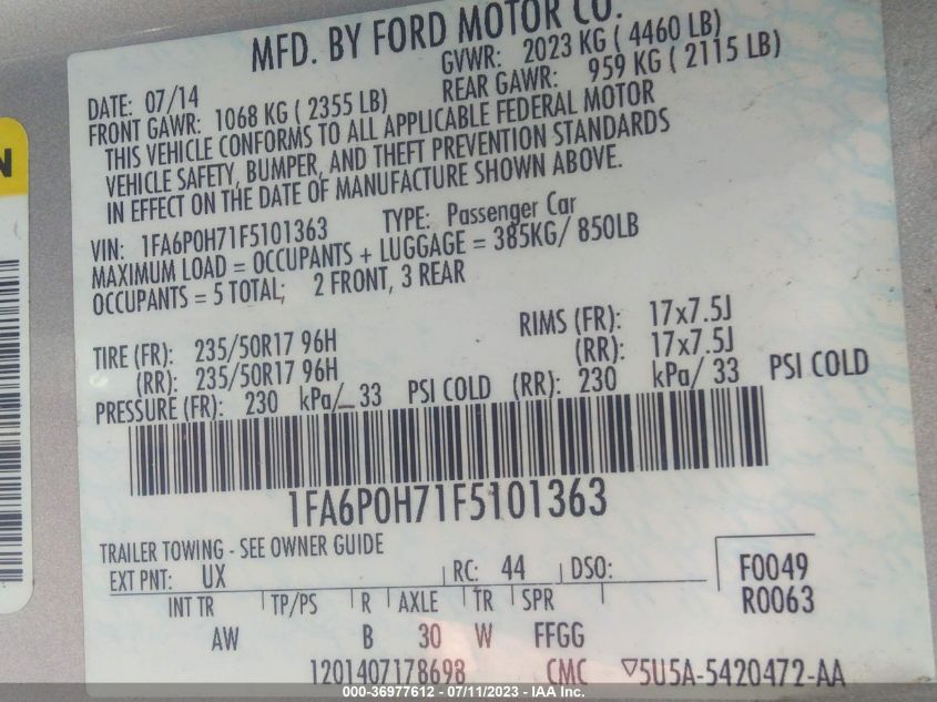2015 FORD FUSION SE - 1FA6P0H71F5101363