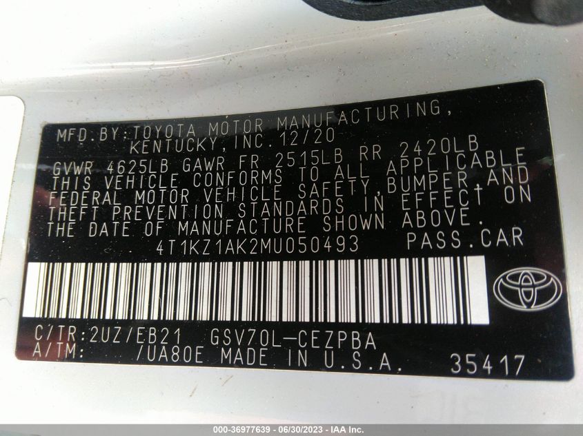 2021 TOYOTA CAMRY V6 - 4T1KZ1AK2MU050493