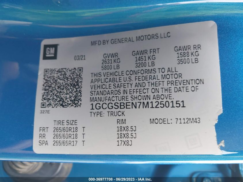 2021 CHEVROLET COLORADO 2WD WORK TRUCK - 1GCGSBEN7M1250151