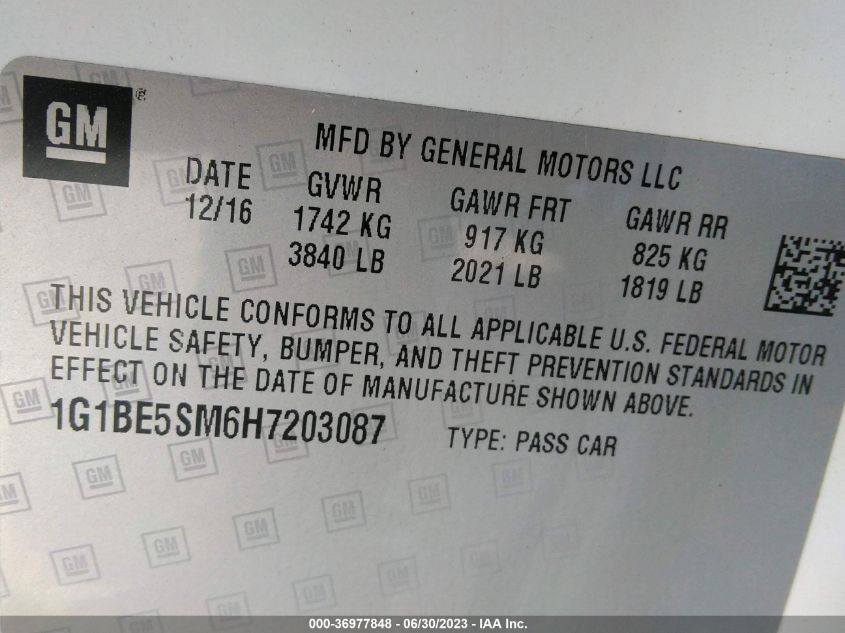 2017 CHEVROLET CRUZE LT - 1G1BE5SM6H7203087