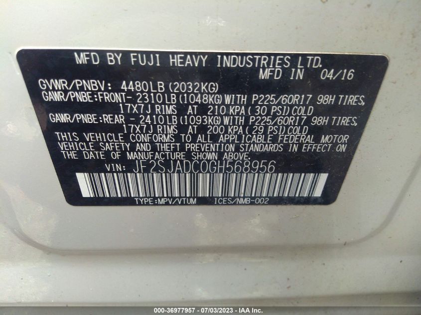 2016 SUBARU FORESTER 2.5I PREMIUM - JF2SJADC0GH568956