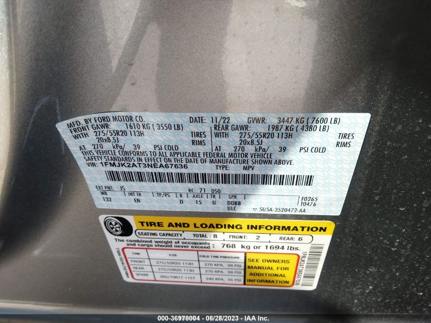 2022 FORD EXPEDITION MAX LIMITED - 1FMJK2AT3NEA67636