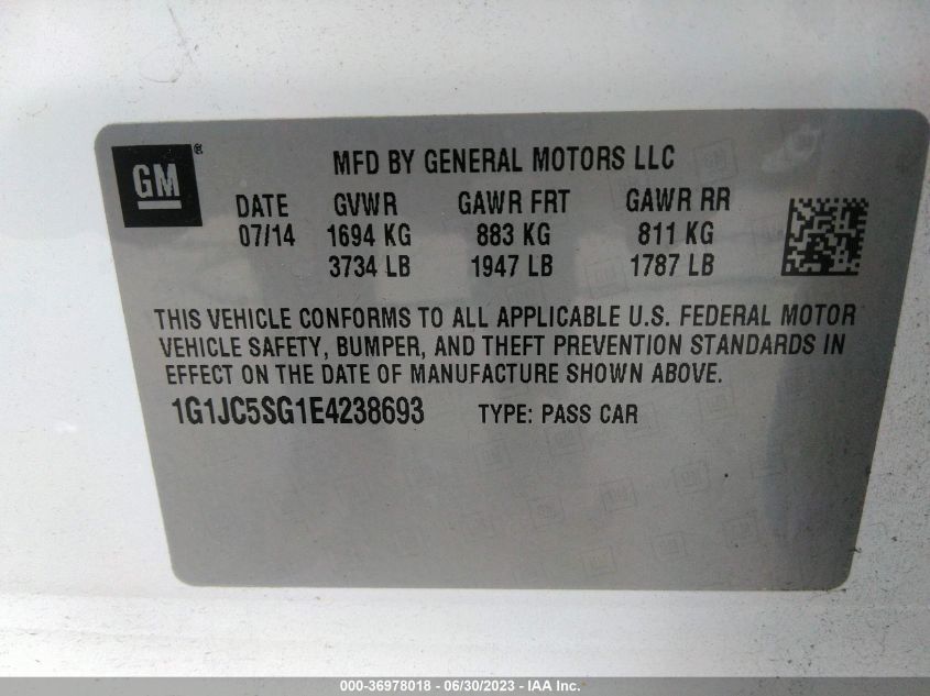 2014 CHEVROLET SONIC LT - 1G1JC5SG1E4238693