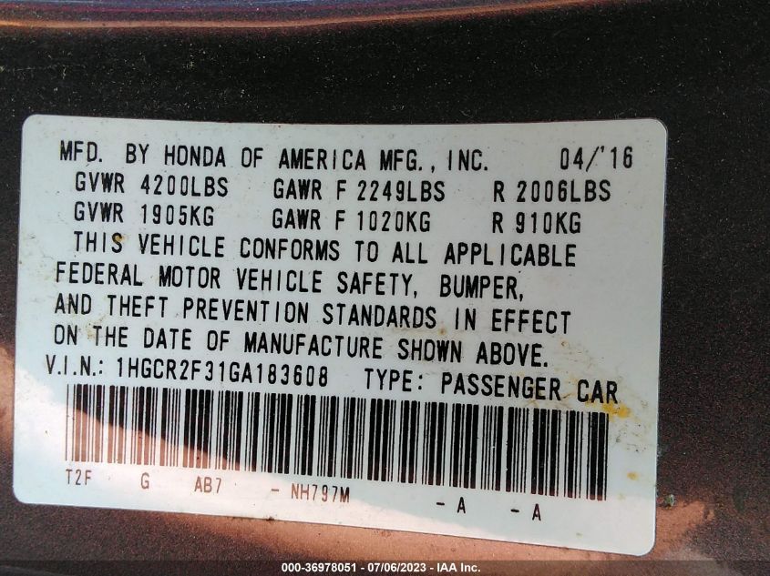 2016 HONDA ACCORD SEDAN LX - 1HGCR2F31GA183608
