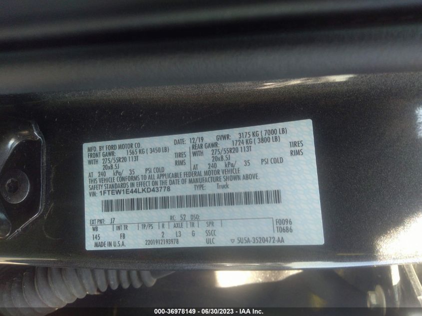 2020 FORD F-150 XL/XLT/LARIAT - 1FTEW1E44LKD43778