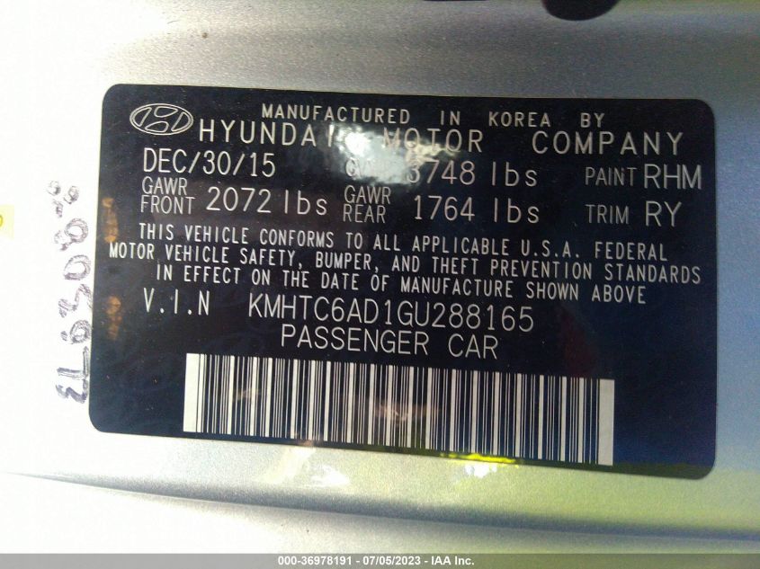 2016 HYUNDAI VELOSTER - KMHTC6AD1GU288165