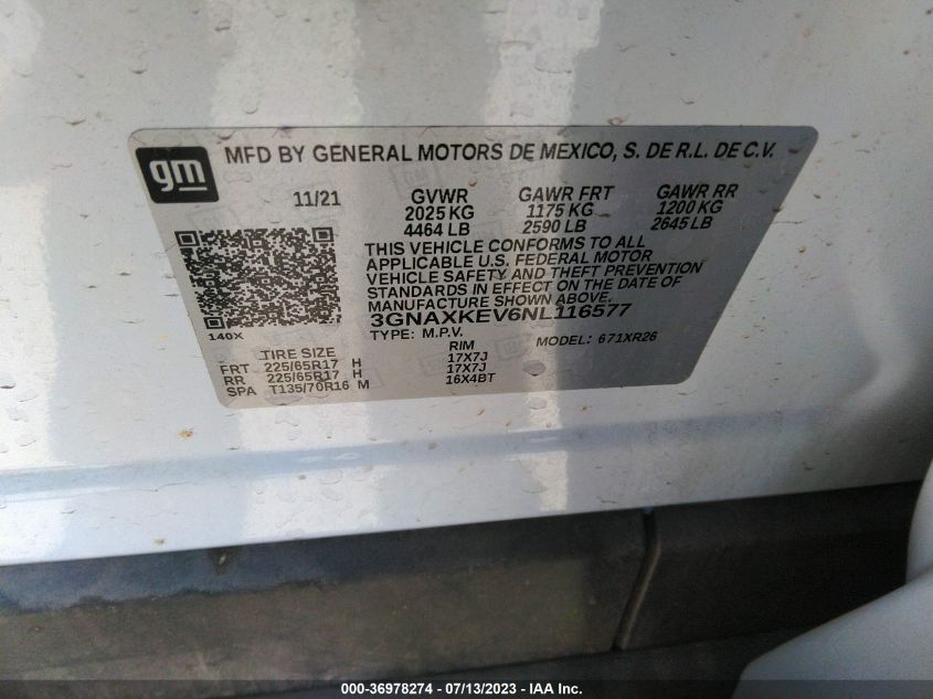 2022 CHEVROLET EQUINOX LT - 3GNAXKEV6NL116577