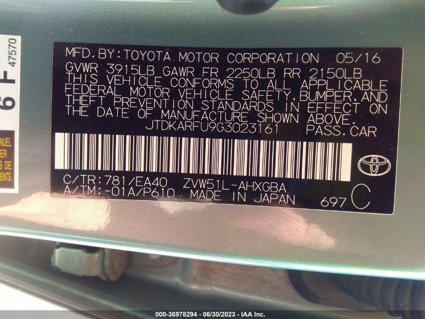 2016 TOYOTA PRIUS FOUR - JTDKARFU9G3023161