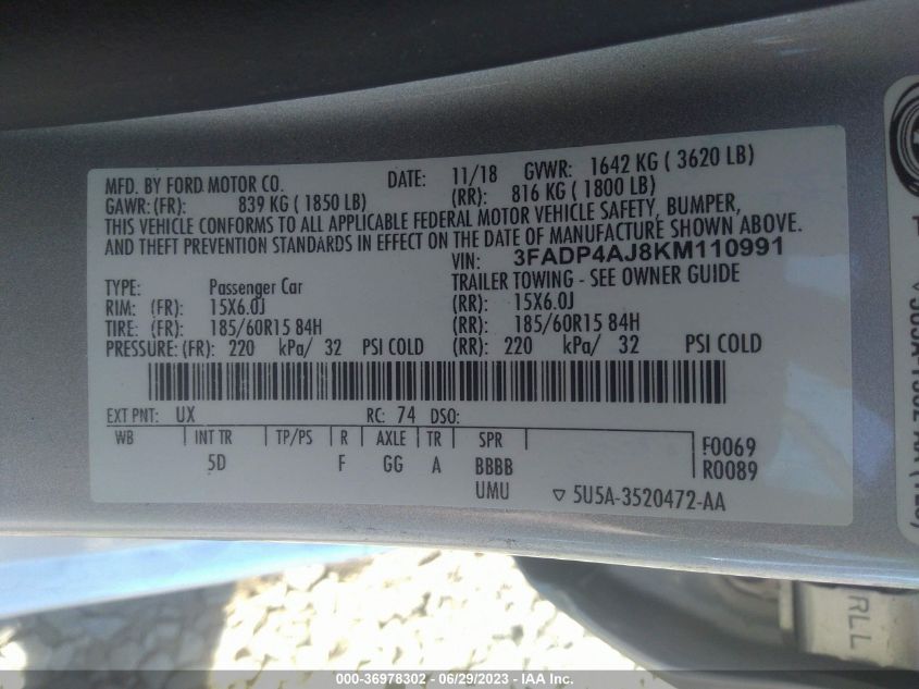 2019 FORD FIESTA S - 3FADP4AJ8KM110991