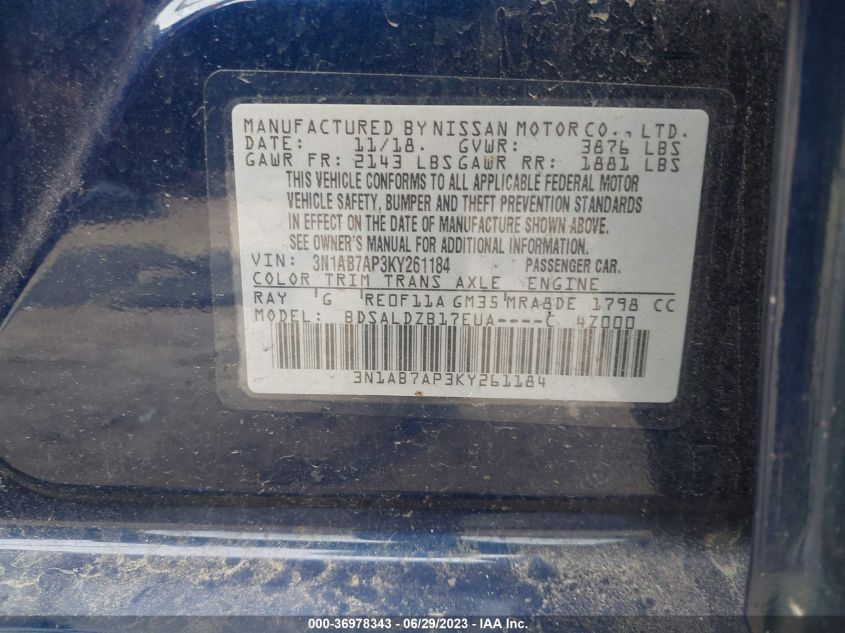 2019 NISSAN SENTRA SV - 3N1AB7AP3KY261184