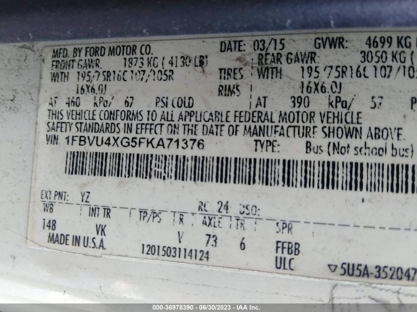2015 FORD TRANSIT 1FBVU4XG5FKA71376