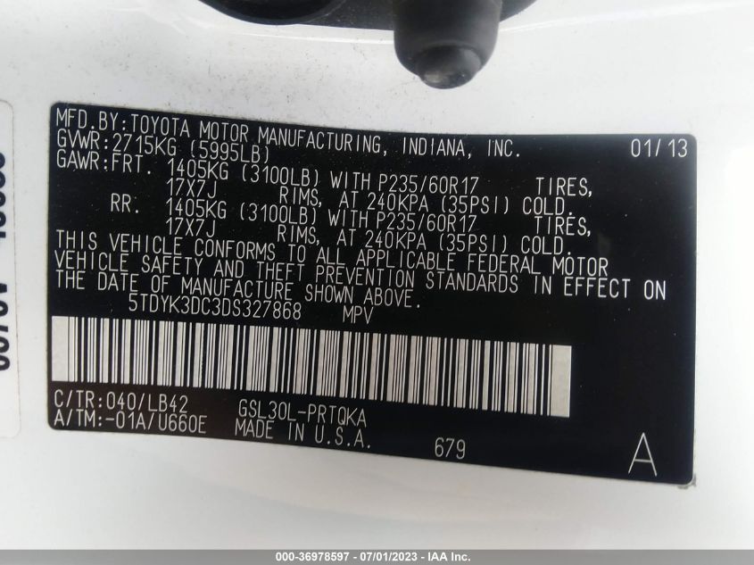 2013 TOYOTA SIENNA XLE AAS/XLE/LTD - 5TDYK3DC3DS327868