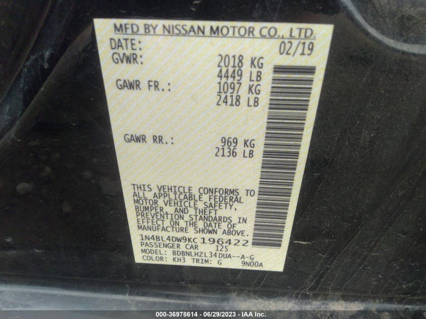 2019 NISSAN ALTIMA 2.5 SV - 1N4BL4DW9KC196422