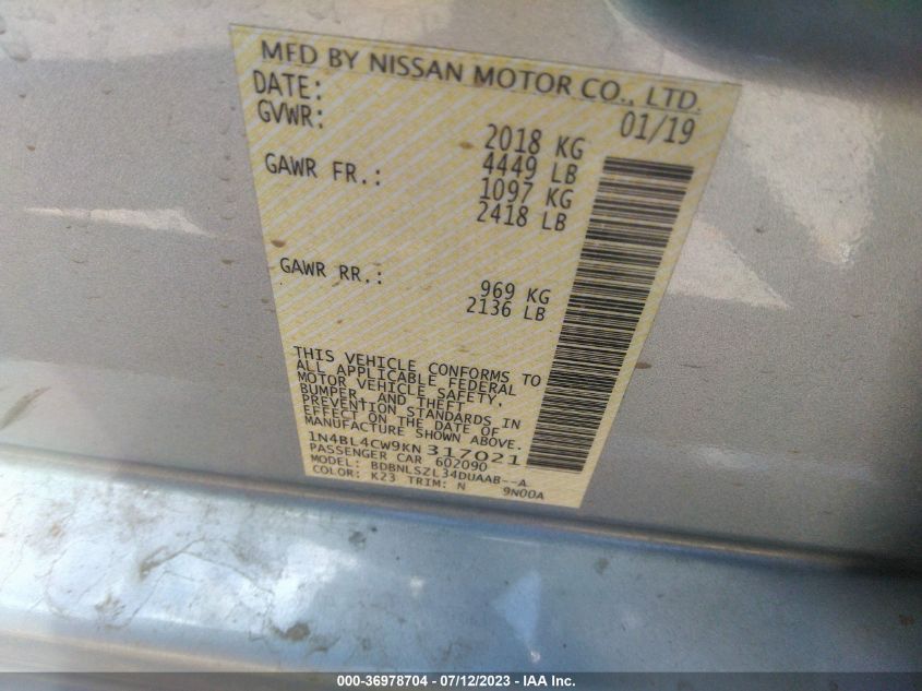 2019 NISSAN ALTIMA SR - 1N4BL4CW9KN317021