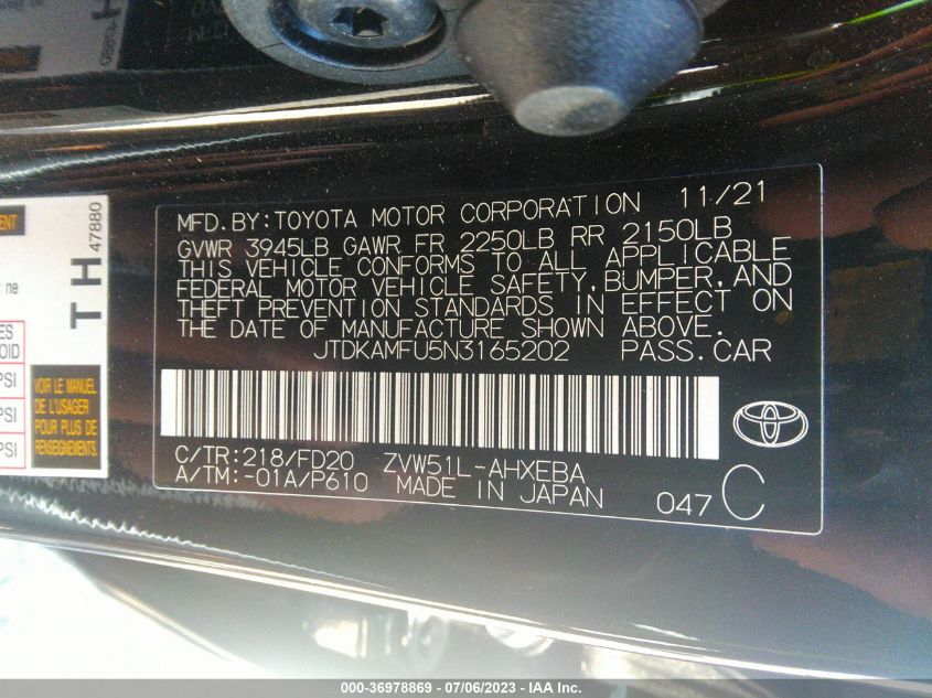 2022 TOYOTA PRIUS L - JTDKAMFU5N3165202