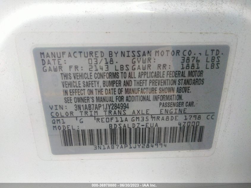 2018 NISSAN SENTRA SV - 3N1AB7AP1JY284994