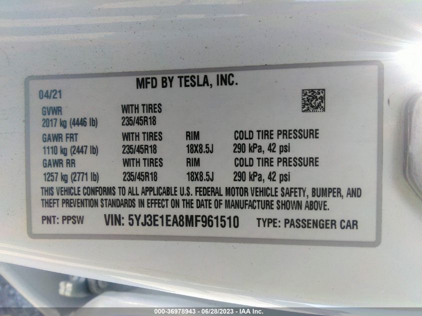 2021 TESLA MODEL 3 STANDARD RANGE PLUS - 5YJ3E1EA8MF961510