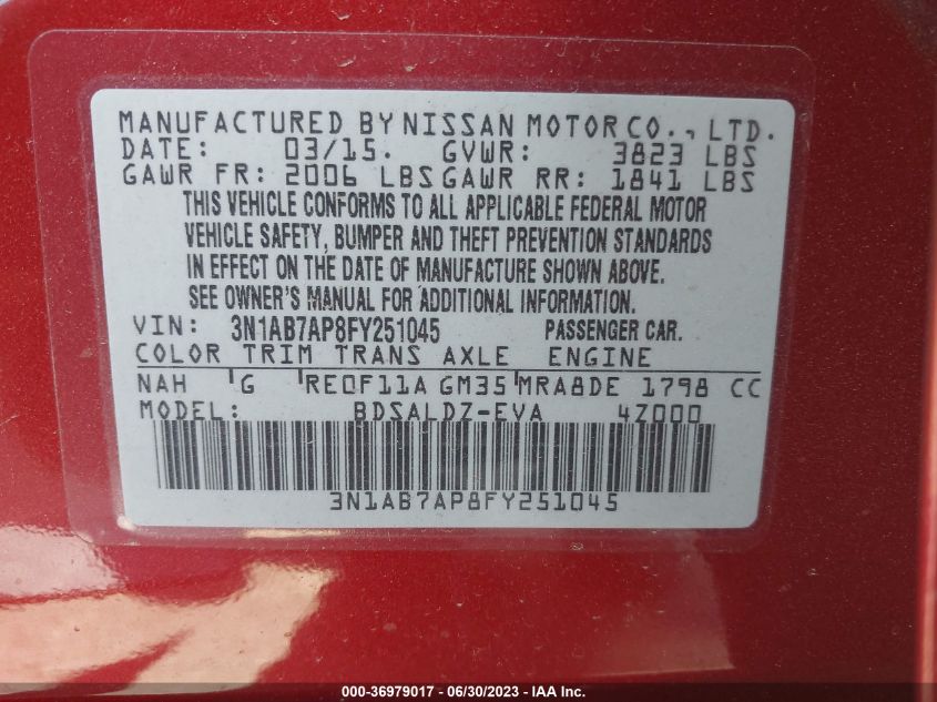 2015 NISSAN SENTRA SR/SL/S/SV/FE+ S - 3N1AB7AP8FY251045