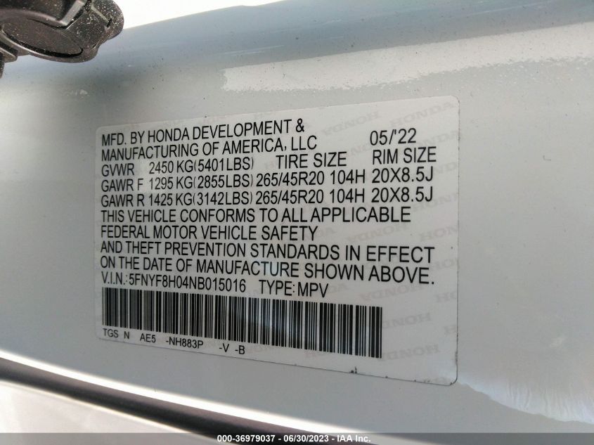 2022 HONDA PASSPORT ELITE - 5FNYF8H04NB015016