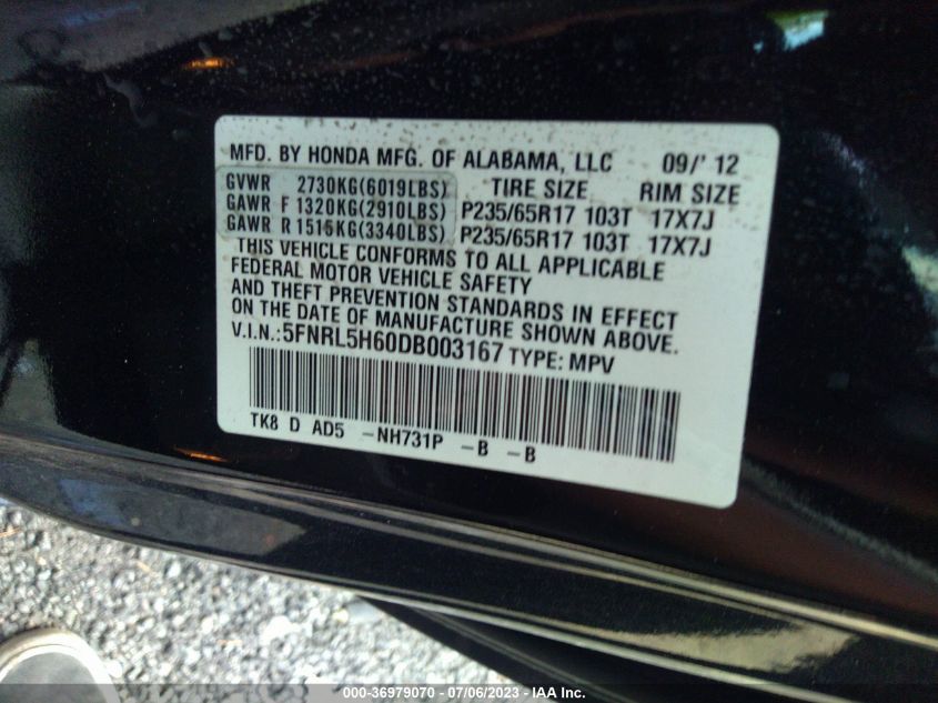 2013 HONDA ODYSSEY EX-L - 5FNRL5H60DB003167
