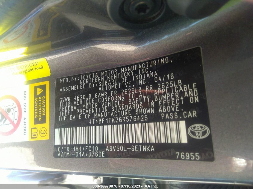 2016 TOYOTA CAMRY XLE/SE/LE/XSE - 4T4BF1FK2GR576425