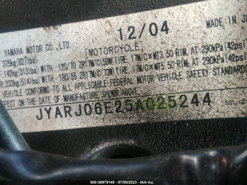 2005 YAMAHA YZFR6 L JYARJ06E25A025244