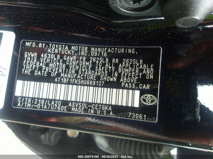 2017 TOYOTA CAMRY XLE/SE/LE/XSE - 4T1BF1FK5HU669127