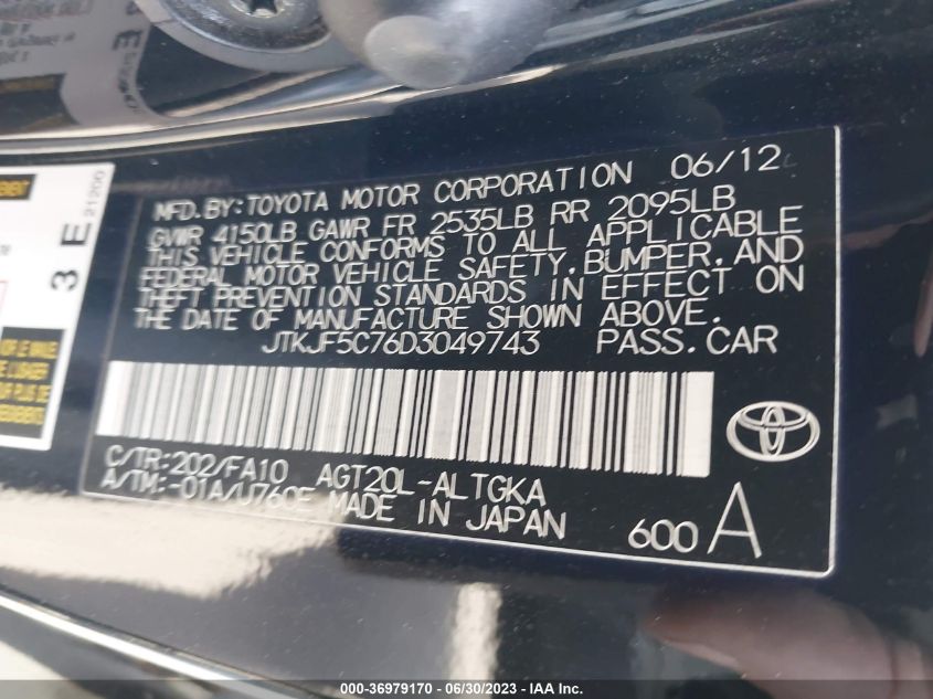 2013 TOYOTA SCION TC JTKJF5C76D3049743
