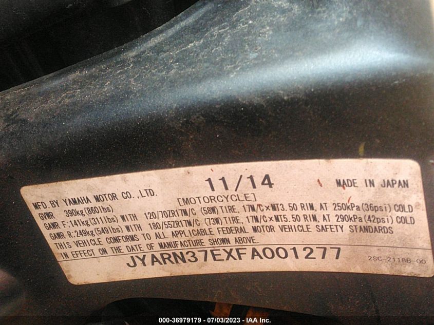 2015 YAMAHA FJ09 JYARN37EXFA001277