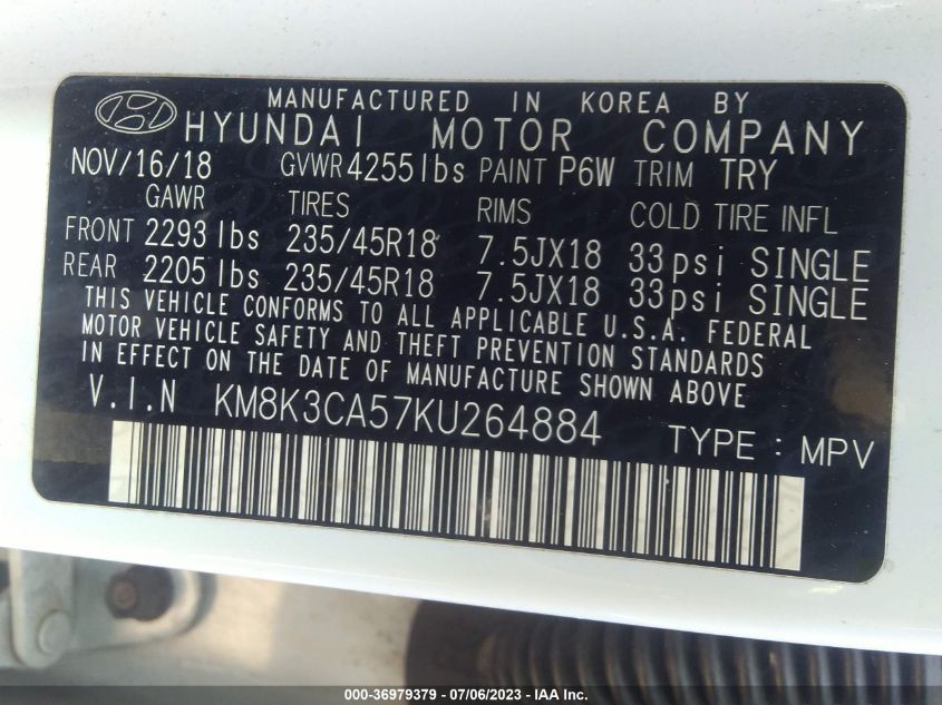 2019 HYUNDAI KONA LIMITED - KM8K3CA57KU264884
