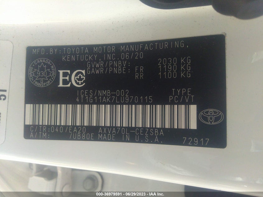 VIN 4T1G11AK7LU970115 2020 TOYOTA CAMRY SE