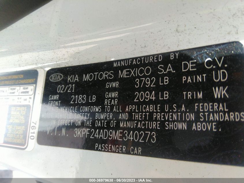 2021 KIA FORTE LXS - 3KPF24AD9ME340273