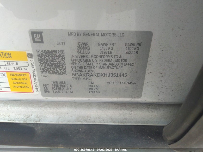 VIN 5GAKRAKDXHJ351445 2017 BUICK ENCLAVE CONVENIENCE