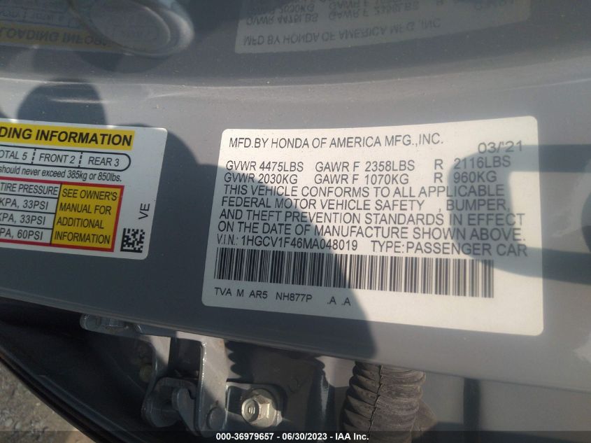 2021 HONDA ACCORD SEDAN SPORT SE - 1HGCV1F46MA048019