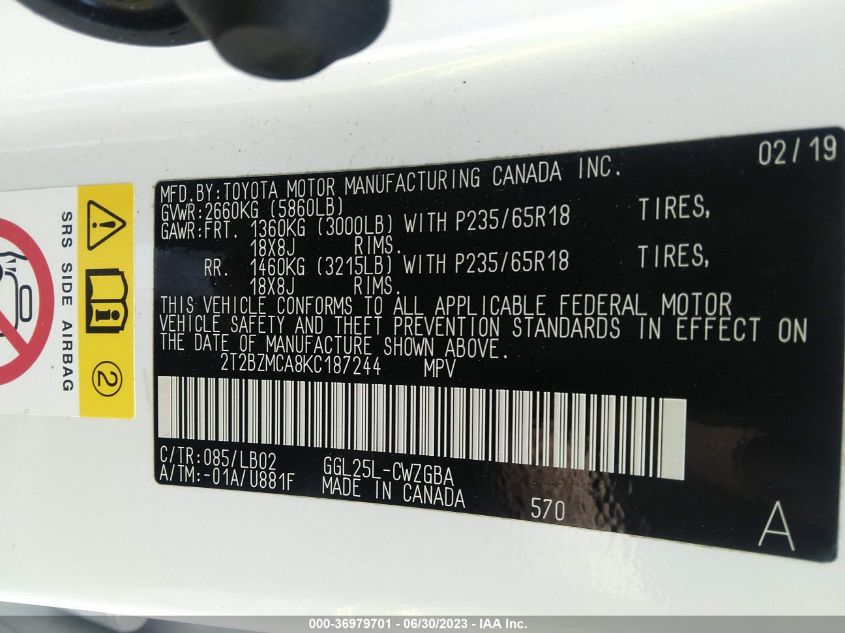 2019 LEXUS RX 350 BASE/350 F-SPORT - 2T2BZMCA8KC187244