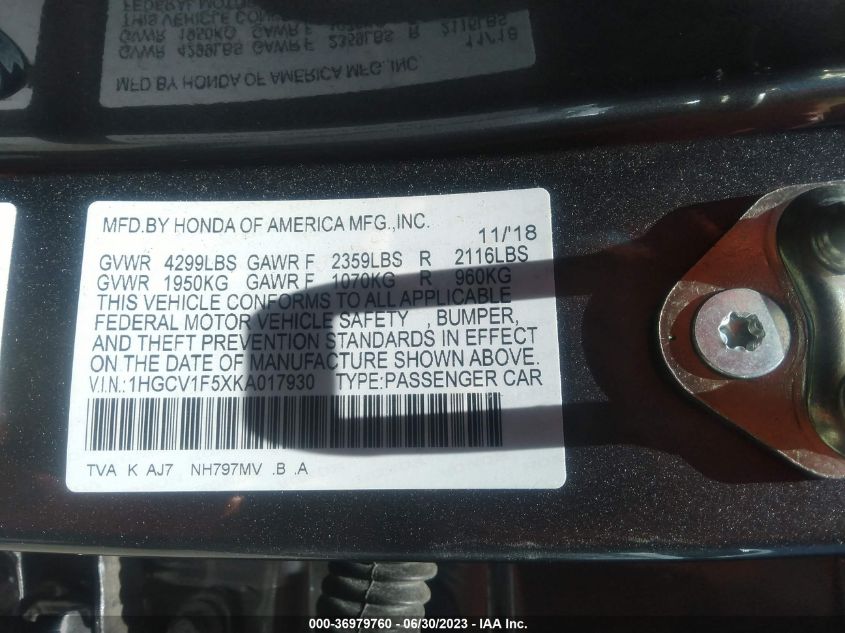 2019 HONDA ACCORD SEDAN EX-L 1.5T - 1HGCV1F5XKA017930