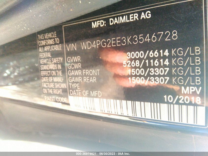 2019 MERCEDES-BENZ METRIS PASSENGER VAN WD4PG2EE3K3546728