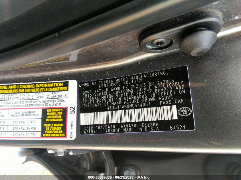 2021 TOYOTA CAMRY SE - 4T1G11AK8MU514061