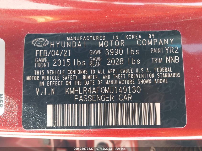 VIN KMHLR4AF0MU149130 2021 HYUNDAI ELANTRA N LINE