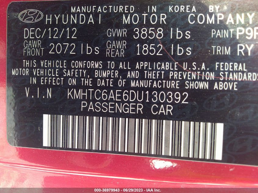 2013 HYUNDAI VELOSTER TURBO W/BLACK INT - KMHTC6AE6DU130392