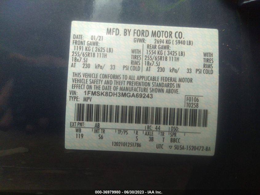 2021 FORD EXPLORER XLT - 1FMSK8DH3MGA69243