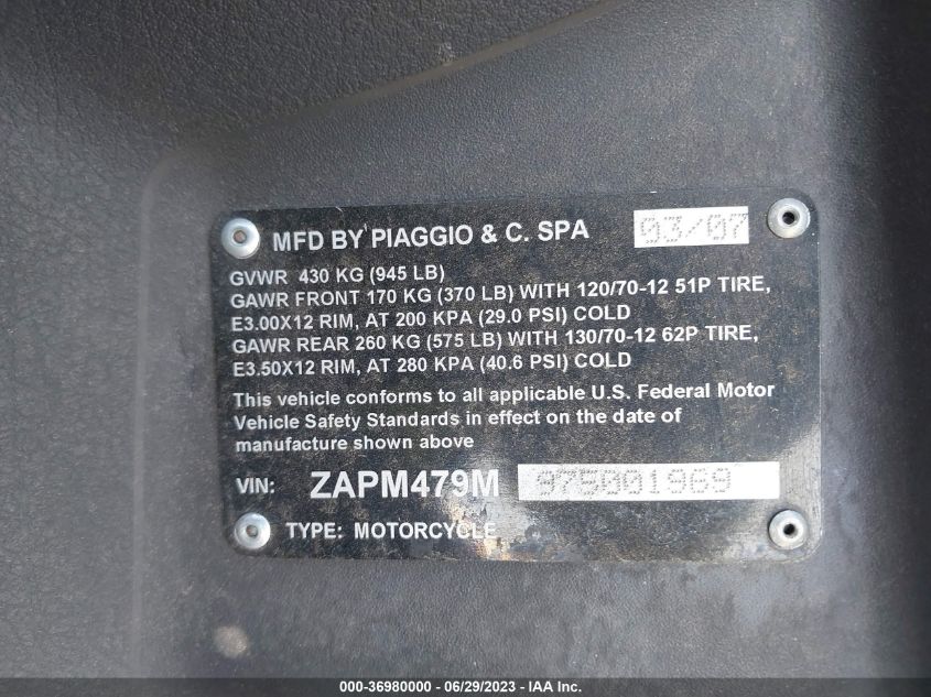 2007 PIAGGIO MP3 ZAPM479M975001969