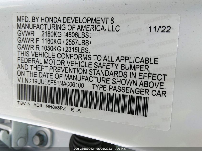 2022 ACURA TLX W/A-SPEC PACKAGE - 19UUB5F51NA006100