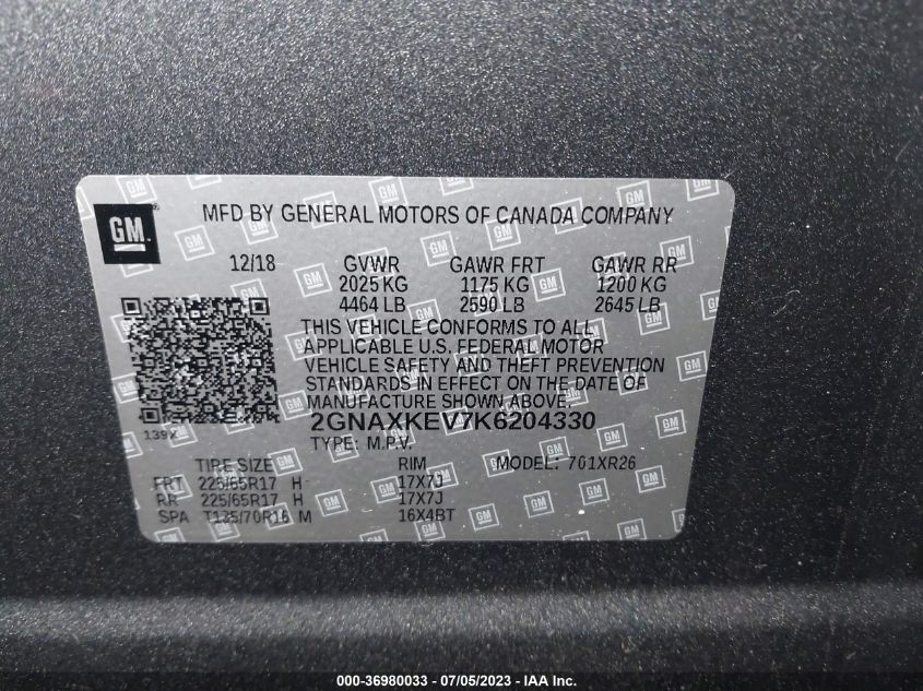 2019 CHEVROLET EQUINOX LT - 2GNAXKEV7K6204330