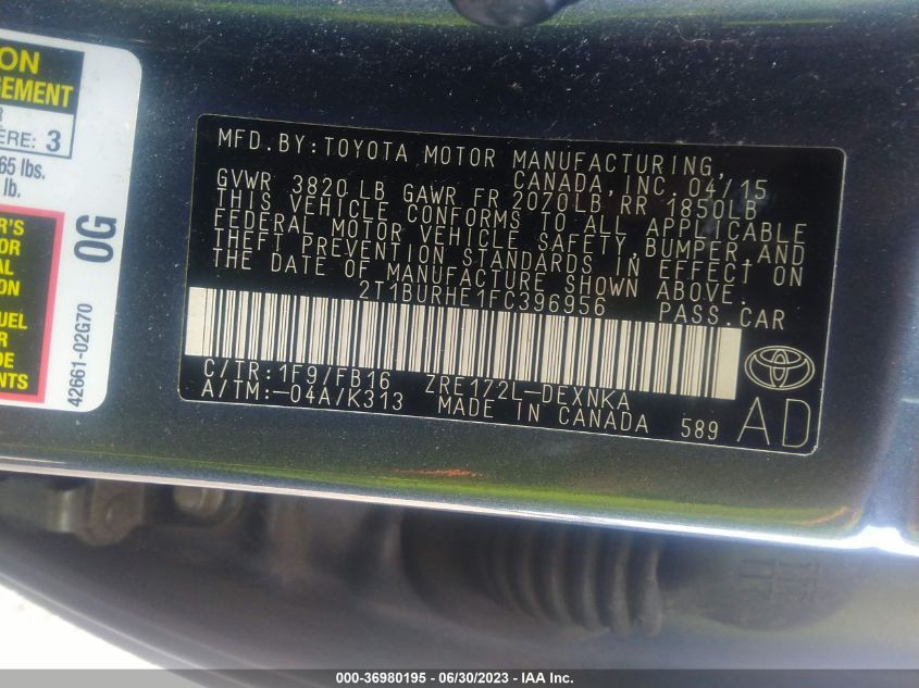 2015 TOYOTA COROLLA L/LE/S/S PLUS/LE PLUS - 2T1BURHE1FC396956